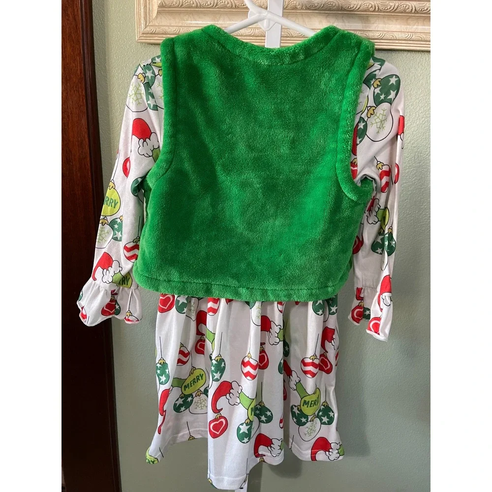Girl's Festive Christmas Green Fluffy Vest Ornaments White Dress Size 4Y Used
